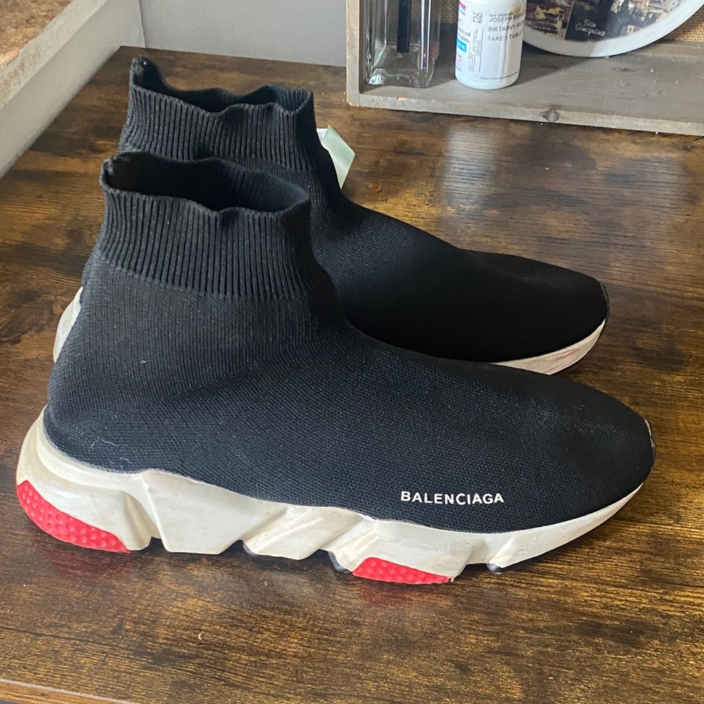 Balenciaga Black Sock Sneakers with White & Red Sole Accents